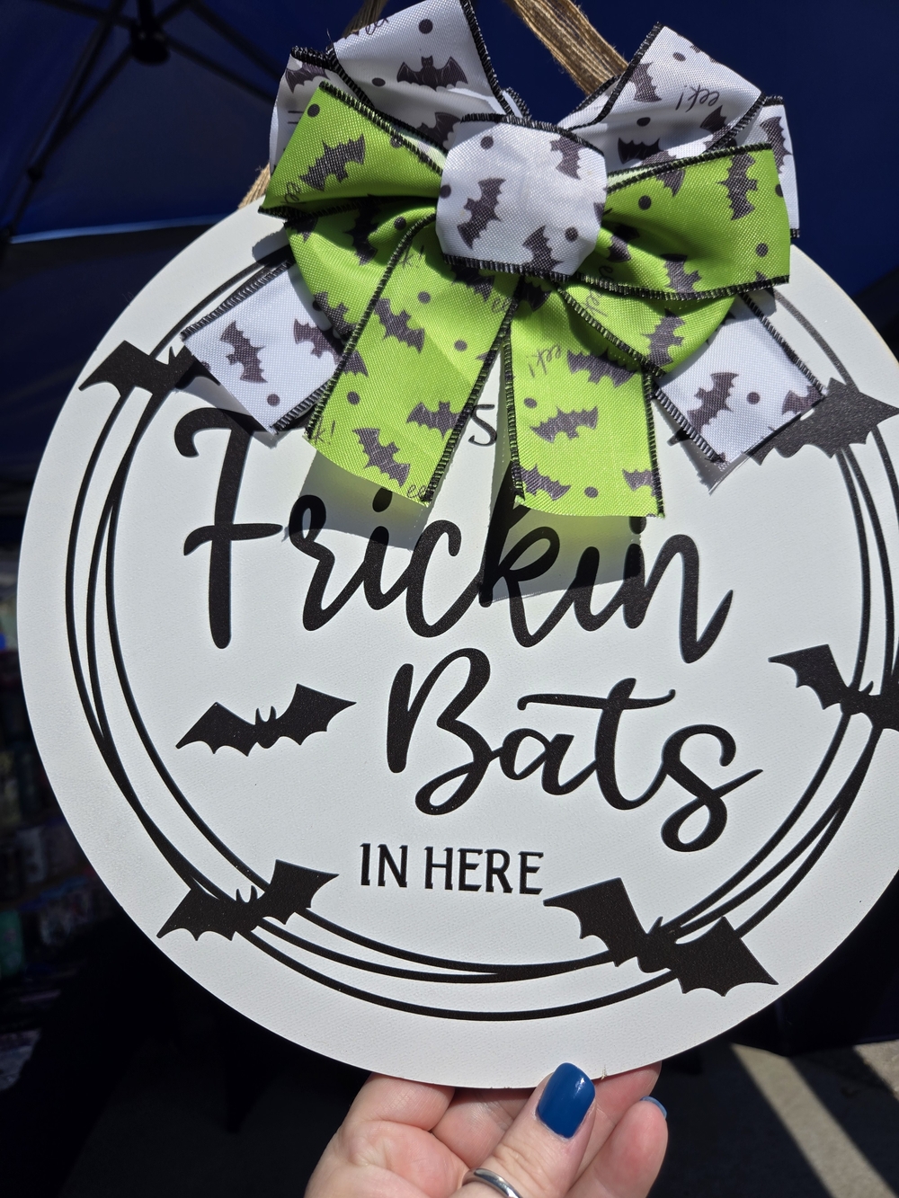 Frickin Bats Round Wall Sign with Green & White Bat Bow